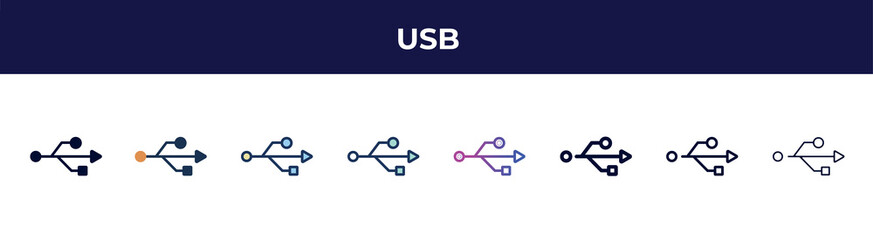 Poster - usb icon in 8 styles. line, filled, glyph, thin outline, colorful, stroke and gradient styles, usb vector sign. symbol, logo illustration. different style icons set.