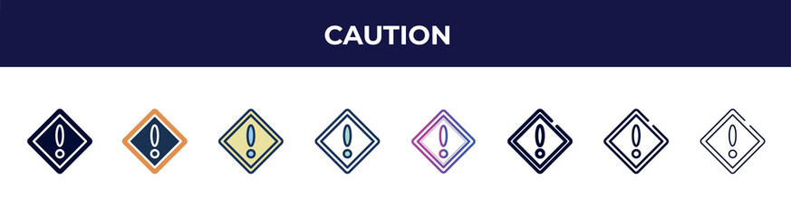 Aufkleber - caution icon in 8 styles. line, filled, glyph, thin outline, colorful, stroke and gradient styles, caution vector sign. symbol, logo illustration. different style icons set.