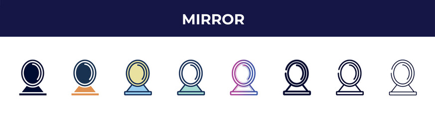 Poster - mirror icon in 8 styles. line, filled, glyph, thin outline, colorful, stroke and gradient styles, mirror vector sign. symbol, logo illustration. different style icons set.