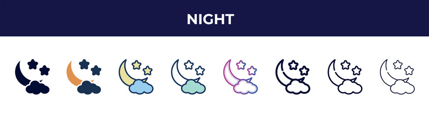 Poster - night icon in 8 styles. line, filled, glyph, thin outline, colorful, stroke and gradient styles, night vector sign. symbol, logo illustration. different style icons set.