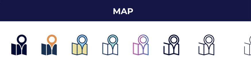 Poster - map icon in 8 styles. line, filled, glyph, thin outline, colorful, stroke and gradient styles, map vector sign. symbol, logo illustration. different style icons set.