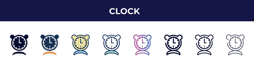 Poster - clock icon in 8 styles. line, filled, glyph, thin outline, colorful, stroke and gradient styles, clock vector sign. symbol, logo illustration. different style icons set.