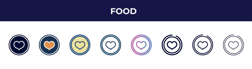 Poster - food icon in 8 styles. line, filled, glyph, thin outline, colorful, stroke and gradient styles, food vector sign. symbol, logo illustration. different style icons set.