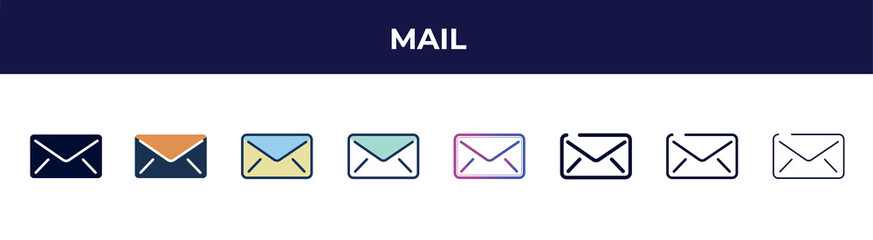 Poster - mail icon in 8 styles. line, filled, glyph, thin outline, colorful, stroke and gradient styles, mail vector sign. symbol, logo illustration. different style icons set.