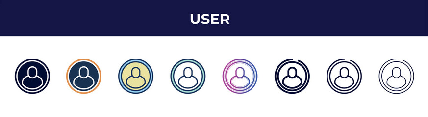 Poster - user icon in 8 styles. line, filled, glyph, thin outline, colorful, stroke and gradient styles, user vector sign. symbol, logo illustration. different style icons set.