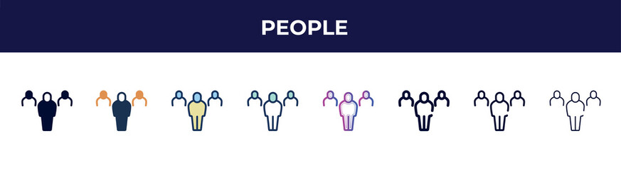 Poster - people icon in 8 styles. line, filled, glyph, thin outline, colorful, stroke and gradient styles, people vector sign. symbol, logo illustration. different style icons set.