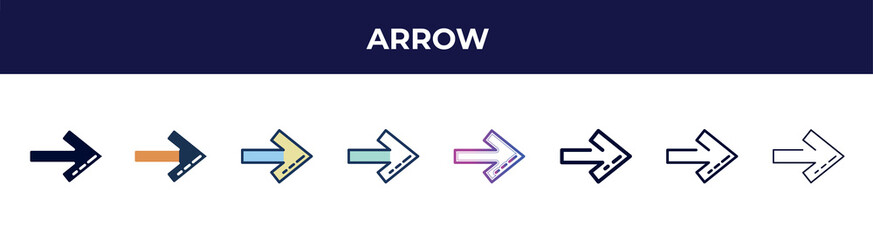 Poster - arrow icon in 8 styles. line, filled, glyph, thin outline, colorful, stroke and gradient styles, arrow vector sign. symbol, logo illustration. different style icons set.