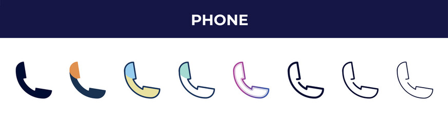 Poster - phone icon in 8 styles. line, filled, glyph, thin outline, colorful, stroke and gradient styles, phone vector sign. symbol, logo illustration. different style icons set.