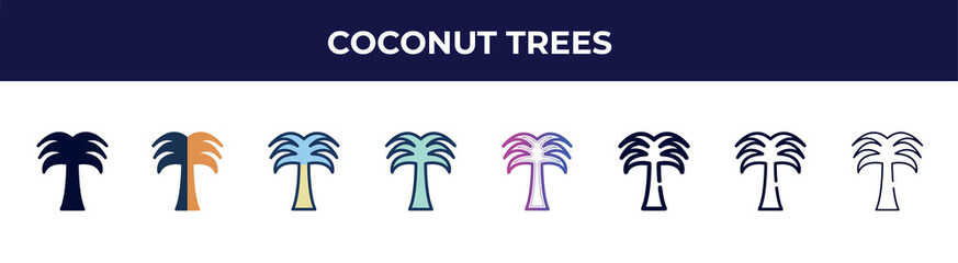 Poster - coconut trees icon in 8 styles. line, filled, glyph, thin outline, colorful, stroke and gradient styles, coconut trees vector sign. symbol, logo illustration. different style icons set.