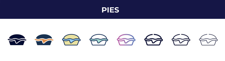 Poster - pies icon in 8 styles. line, filled, glyph, thin outline, colorful, stroke and gradient styles, pies vector sign. symbol, logo illustration. different style icons set.