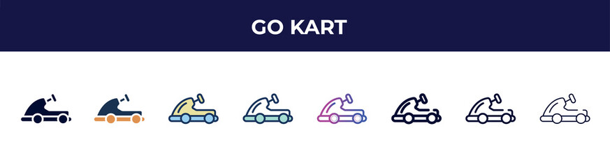 go kart icon in 8 styles. line, filled, glyph, thin outline, colorful, stroke and gradient styles, go kart vector sign. symbol, logo illustration. different style icons set.