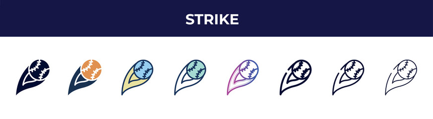 Poster - strike icon in 8 styles. line, filled, glyph, thin outline, colorful, stroke and gradient styles, strike vector sign. symbol, logo illustration. different style icons set.