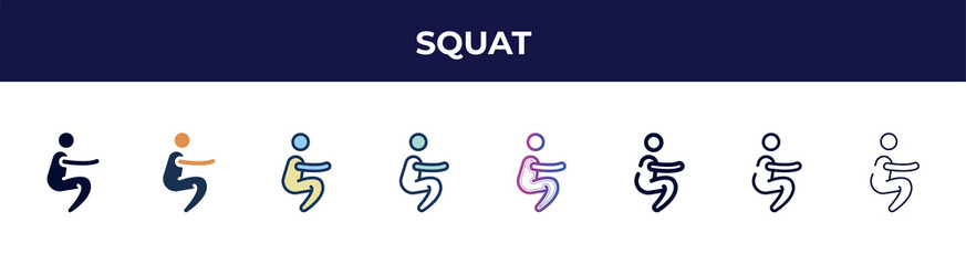 Poster - squat icon in 8 styles. line, filled, glyph, thin outline, colorful, stroke and gradient styles, squat vector sign. symbol, logo illustration. different style icons set.