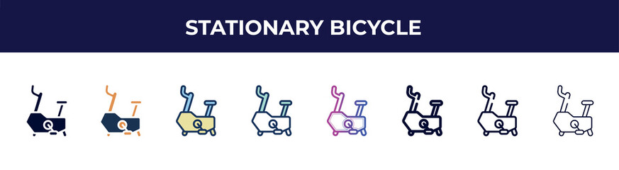 Poster - stationary bicycle icon in 8 styles. line, filled, glyph, thin outline, colorful, stroke and gradient styles, stationary bicycle vector sign. symbol, logo illustration. different style icons set.