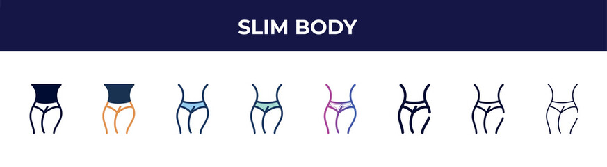 Poster - slim body icon in 8 styles. line, filled, glyph, thin outline, colorful, stroke and gradient styles, slim body vector sign. symbol, logo illustration. different style icons set.