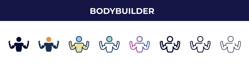 Poster - bodybuilder icon in 8 styles. line, filled, glyph, thin outline, colorful, stroke and gradient styles, bodybuilder vector sign. symbol, logo illustration. different style icons set.