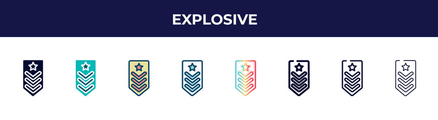Poster - explosive icon in 8 styles. line, filled, glyph, thin outline, colorful, stroke and gradient styles, explosive vector sign. symbol, logo illustration. different style icons set.