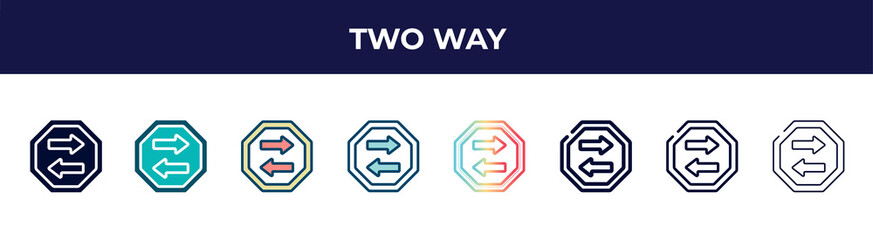 Poster - two way icon in 8 styles. line, filled, glyph, thin outline, colorful, stroke and gradient styles, two way vector sign. symbol, logo illustration. different style icons set.