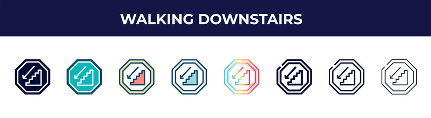 Poster - walking downstairs icon in 8 styles. line, filled, glyph, thin outline, colorful, stroke and gradient styles, walking downstairs vector sign. symbol, logo illustration. different style icons set.