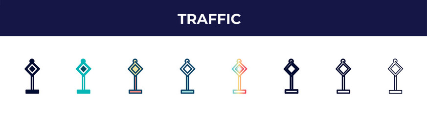 Poster - traffic icon in 8 styles. line, filled, glyph, thin outline, colorful, stroke and gradient styles, traffic vector sign. symbol, logo illustration. different style icons set.