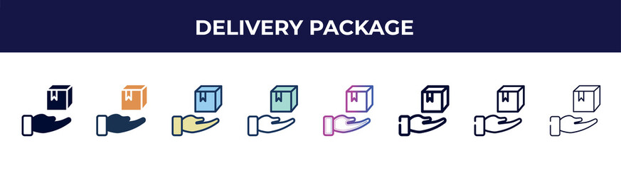 Poster - delivery package icon in 8 styles. line, filled, glyph, thin outline, colorful, stroke and gradient styles, delivery package vector sign. symbol, logo illustration. different style icons set.