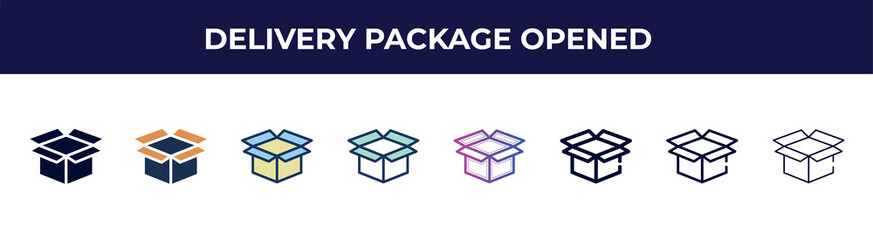 Poster - delivery package opened icon in 8 styles. line, filled, glyph, thin outline, colorful, stroke and gradient styles, delivery package opened vector sign. symbol, logo illustration. different style