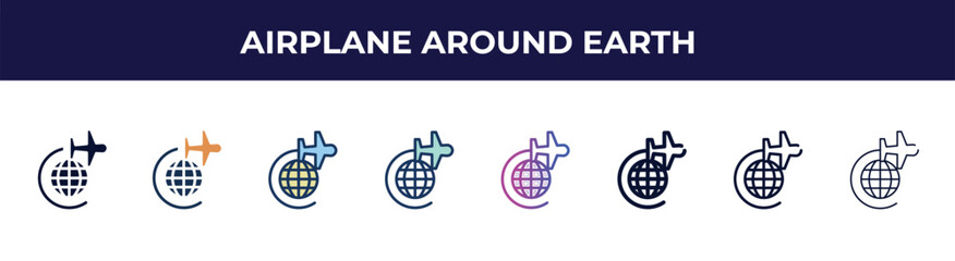 Poster - airplane around earth icon in 8 styles. line, filled, glyph, thin outline, colorful, stroke and grad