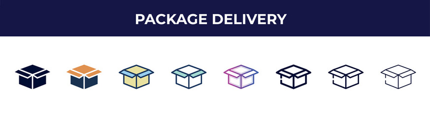 Poster - package delivery icon in 8 styles. line, filled, glyph, thin outline, colorful, stroke and gradient styles, package delivery vector sign. symbol, logo illustration. different style icons set.