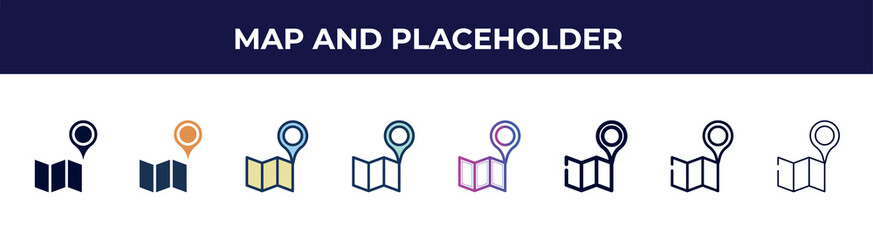 Poster - map and placeholder icon in 8 styles. line, filled, glyph, thin outline, colorful, stroke and gradie