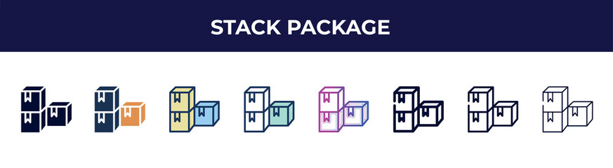 Poster - stack package icon in 8 styles. line, filled, glyph, thin outline, colorful, stroke and gradient styles, stack package vector sign. symbol, logo illustration. different style icons set.