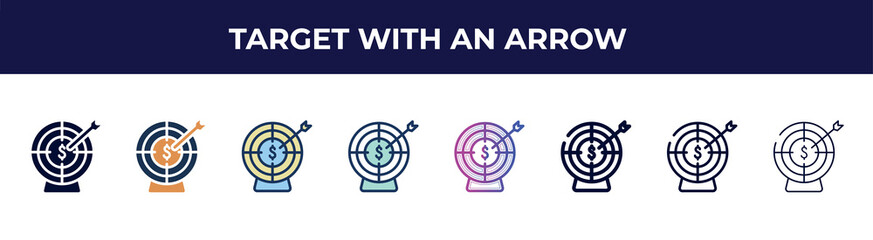 Poster - target with an arrow icon in 8 styles. line, filled, glyph, thin outline, colorful, stroke and gradient styles, target with an arrow vector sign. symbol, logo illustration. different style icons