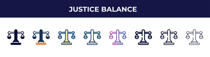 Fototapete - justice balance icon in 8 styles. line, filled, glyph, thin outline, colorful, stroke and gradient styles, justice balance vector sign. symbol, logo illustration. different style icons set.