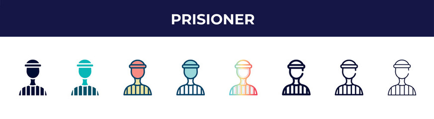Poster - prisioner icon in 8 styles. line, filled, glyph, thin outline, colorful, stroke and gradient styles, prisioner vector sign. symbol, logo illustration. different style icons set.