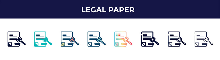 Poster - legal paper icon in 8 styles. line, filled, glyph, thin outline, colorful, stroke and gradient styles, legal paper vector sign. symbol, logo illustration. different style icons set.
