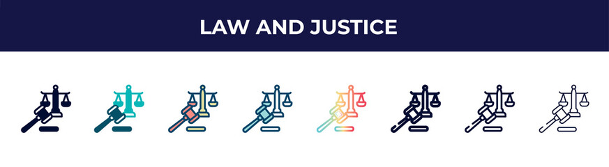 Poster - law and justice icon in 8 styles. line, filled, glyph, thin outline, colorful, stroke and gradient styles, law and justice vector sign. symbol, logo illustration. different style icons set.