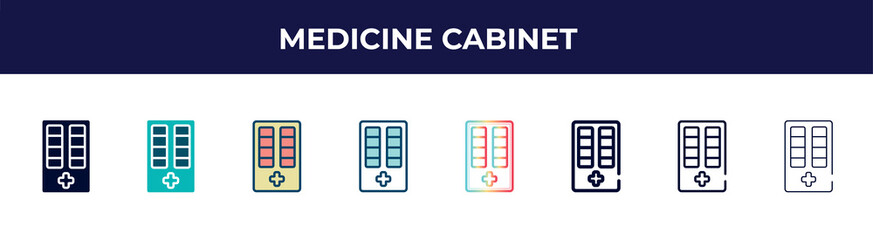Poster - medicine cabinet icon in 8 styles. line, filled, glyph, thin outline, colorful, stroke and gradient styles, medicine cabinet vector sign. symbol, logo illustration. different style icons set.