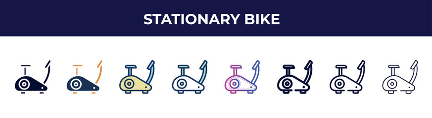 Poster - stationary bike icon in 8 styles. line, filled, glyph, thin outline, colorful, stroke and gradient styles, stationary bike vector sign. symbol, logo illustration. different style icons set.