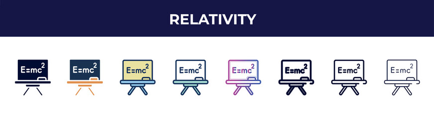 Poster - relativity icon in 8 styles. line, filled, glyph, thin outline, colorful, stroke and gradient styles, relativity vector sign. symbol, logo illustration. different style icons set.