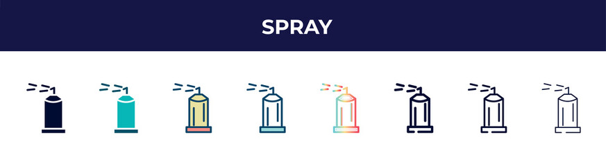 Poster - spray icon in 8 styles. line, filled, glyph, thin outline, colorful, stroke and gradient styles, spray vector sign. symbol, logo illustration. different style icons set.