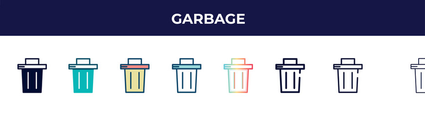 Poster - garbage icon in 8 styles. line, filled, glyph, thin outline, colorful, stroke and gradient styles, garbage vector sign. symbol, logo illustration. different style icons set.