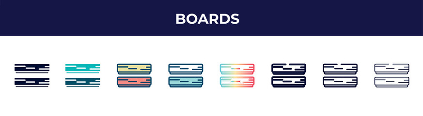 boards icon in 8 styles. line, filled, glyph, thin outline, colorful, stroke and gradient styles, boards vector sign. symbol, logo illustration. different style icons set.