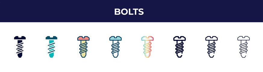 Poster - bolts icon in 8 styles. line, filled, glyph, thin outline, colorful, stroke and gradient styles, bolts vector sign. symbol, logo illustration. different style icons set.