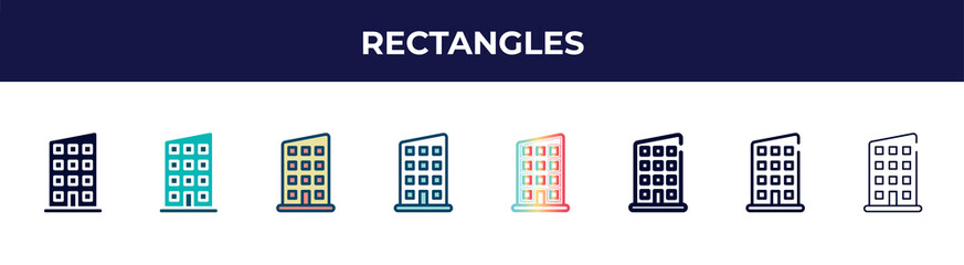 Poster - rectangles icon in 8 styles. line, filled, glyph, thin outline, colorful, stroke and gradient styles, rectangles vector sign. symbol, logo illustration. different style icons set.