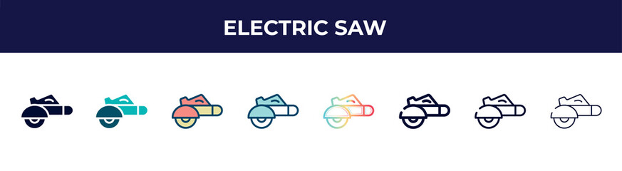 Poster - electric saw icon in 8 styles. line, filled, glyph, thin outline, colorful, stroke and gradient styles, electric saw vector sign. symbol, logo illustration. different style icons set.