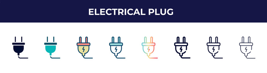 Poster - electrical plug icon in 8 styles. line, filled, glyph, thin outline, colorful, stroke and gradient styles, electrical plug vector sign. symbol, logo illustration. different style icons set.