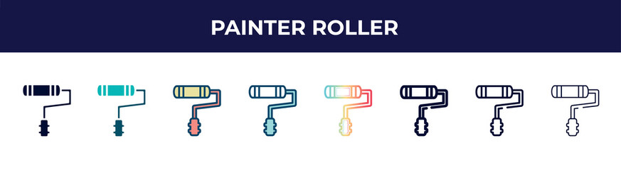 Poster - painter roller icon in 8 styles. line, filled, glyph, thin outline, colorful, stroke and gradient styles, painter roller vector sign. symbol, logo illustration. different style icons set.