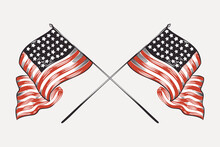 Vector Clipart With Crossed American Flags. Illustration Of US History And 4th Of July Celebration In Engraving Style.