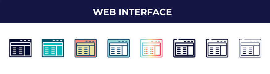 Poster - web interface icon in 8 styles. line, filled, glyph, thin outline, colorful, stroke and gradient styles, web interface vector sign. symbol, logo illustration. different style icons set.