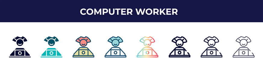 Poster - computer worker icon in 8 styles. line, filled, glyph, thin outline, colorful, stroke and gradient styles, computer worker vector sign. symbol, logo illustration. different style icons set.
