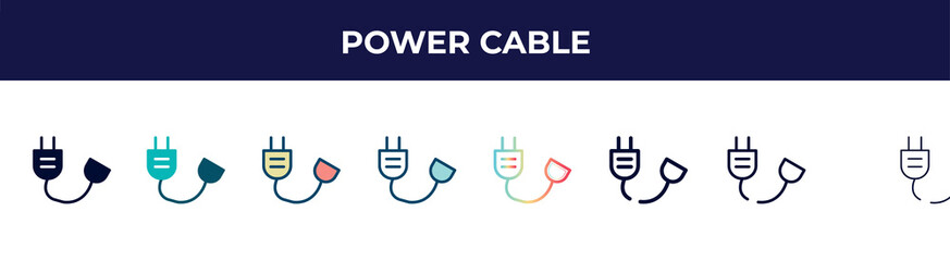 Poster - power cable icon in 8 styles. line, filled, glyph, thin outline, colorful, stroke and gradient styles, power cable vector sign. symbol, logo illustration. different style icons set.
